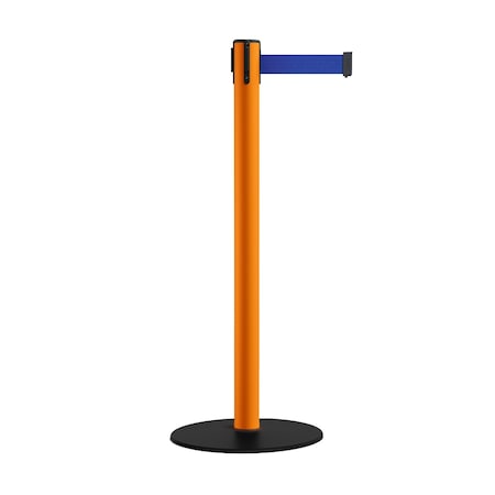 Montour Line Retractable Belt Stanchion, Low Base, 2.5" Orange Post 9' Dk Blu Belt S400-OR-DBL-90